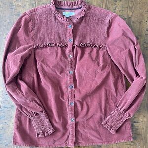 BODEN Ruffled Smocked Button-Up Blouse in Red Oak. Size 8.